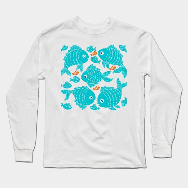 Blue and orange fish pattern Long Sleeve T-Shirt by Murray Clothing
